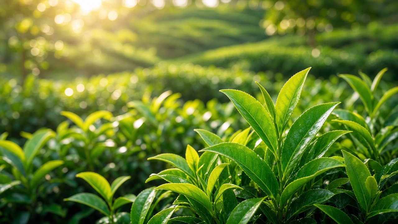 Fresh tea leaves in natural sunlight